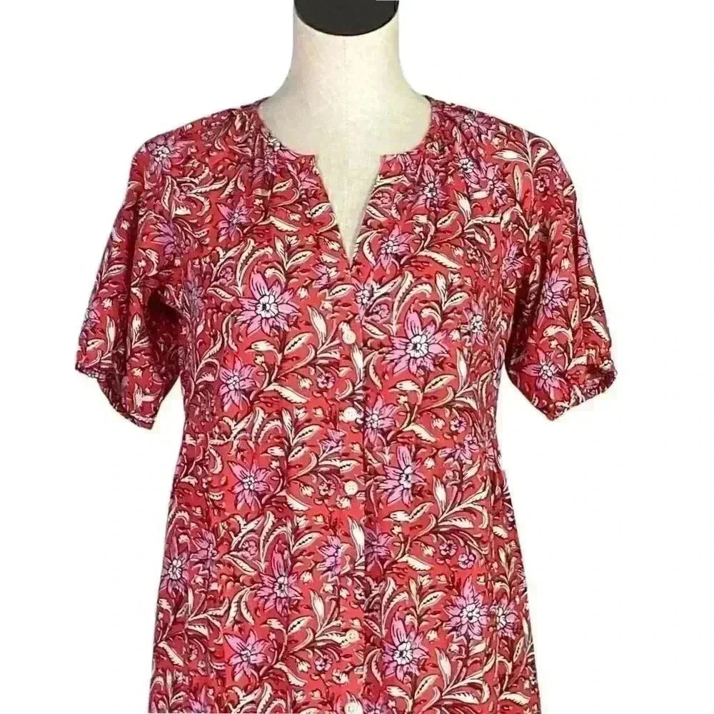 Loft Women S Floral Tier Pocket Shirt Dress Red White Rayon Short Sleeves NEW - Picture 3 of 12